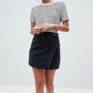 ASOS Charcoal Denim Mini Skirt Wrap Style Button Front High Waist Size 4 Cotton